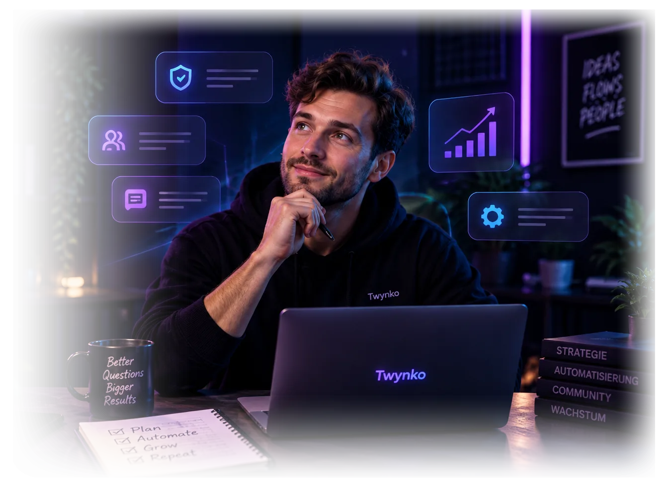 Ein Creator sitzt nachdenklich am Schreibtisch vor seinem Laptop, die Hand am Kinn. Um ihn herum schweben kleine Karten mit Symbolen für Sicherheit, Kontakte, Nachrichten, Statistik und Einstellungen.